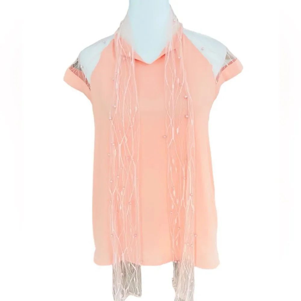 MUGLER peach blouse with front lace & pearl tie, lace shoulders size 6.